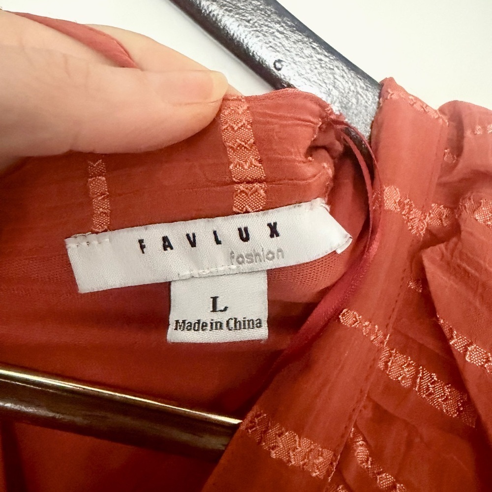 FAVLUX Terracotta Rust Textured Ribboned Ruffle Dress Size L - Picture 7 of 8